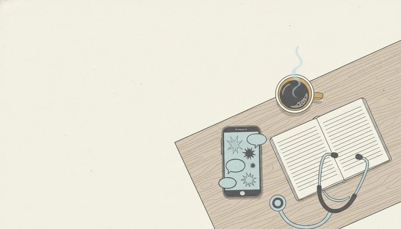 Escritorio de consultorio con un celular que muestra estrellas y burbujas de conversación, una libreta y un café.